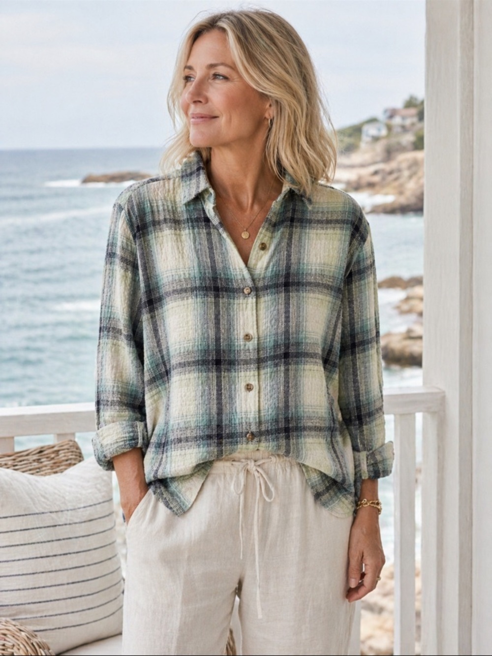 J. Jill Plaid Seersucker Button Down Shirt Tunic Green Large L